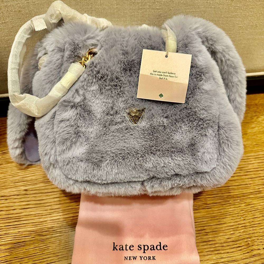 KATE SPADE Fluff Embellished Faux Fur Bucket Shoulder Bag | Lavender Bunny | NEW - Picture 2 of 8